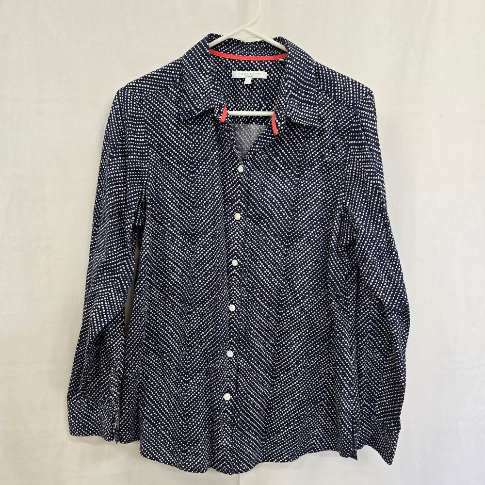 Foxcroft Wrinkle Free‎ Navy Blue White Polka Dot Chevron Button Shirt Size 12P